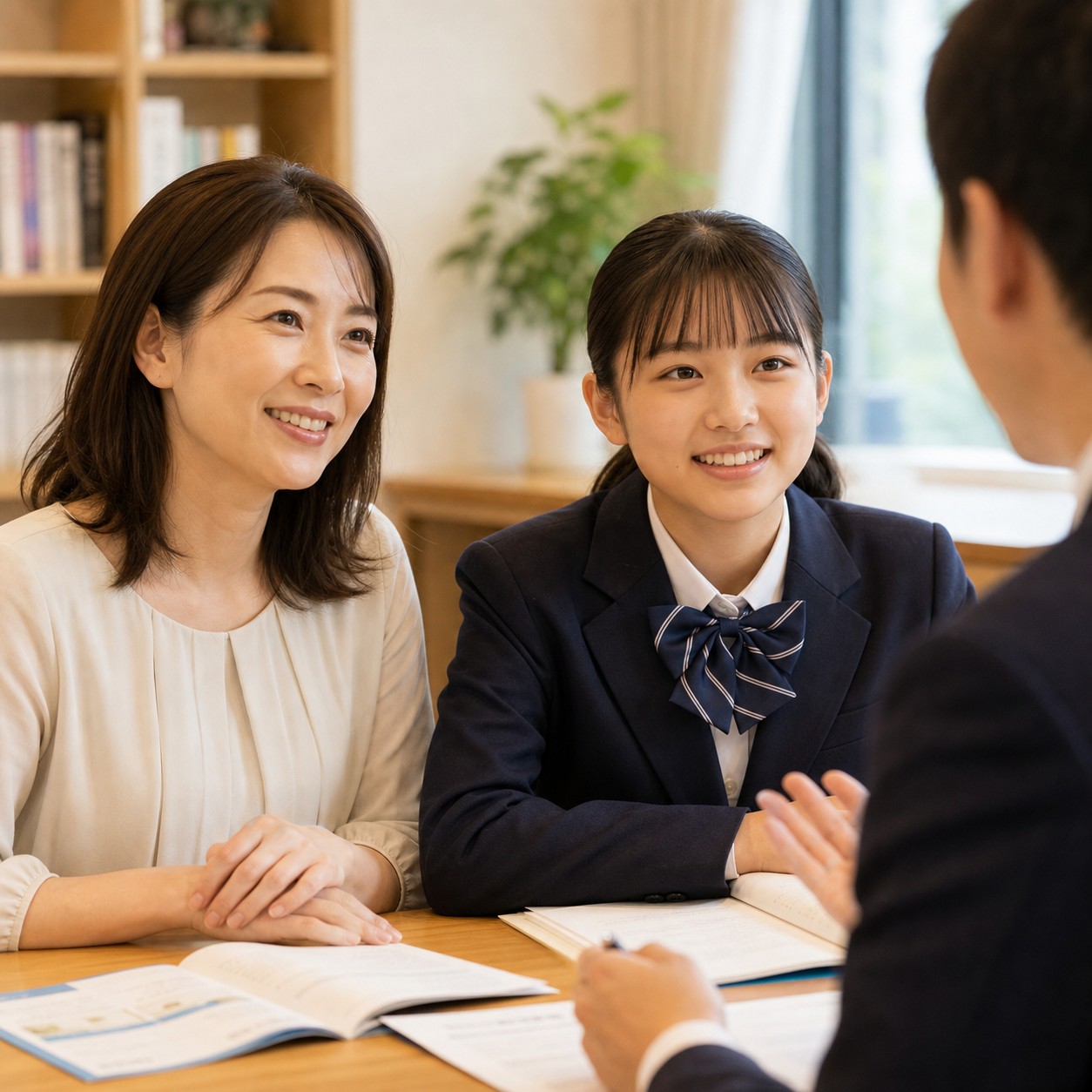 個別指導について相談する生徒と保護者